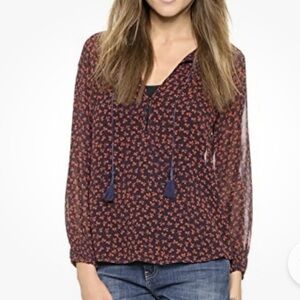 Joie Vivette 100% Silk long sleeve floral blouse cuff & back smocking medium